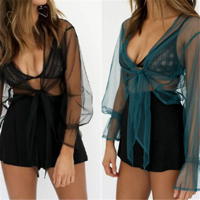 US Новый женский сетчатый прозрачный кроп-Топ с длинным рукавом Блузка модная |