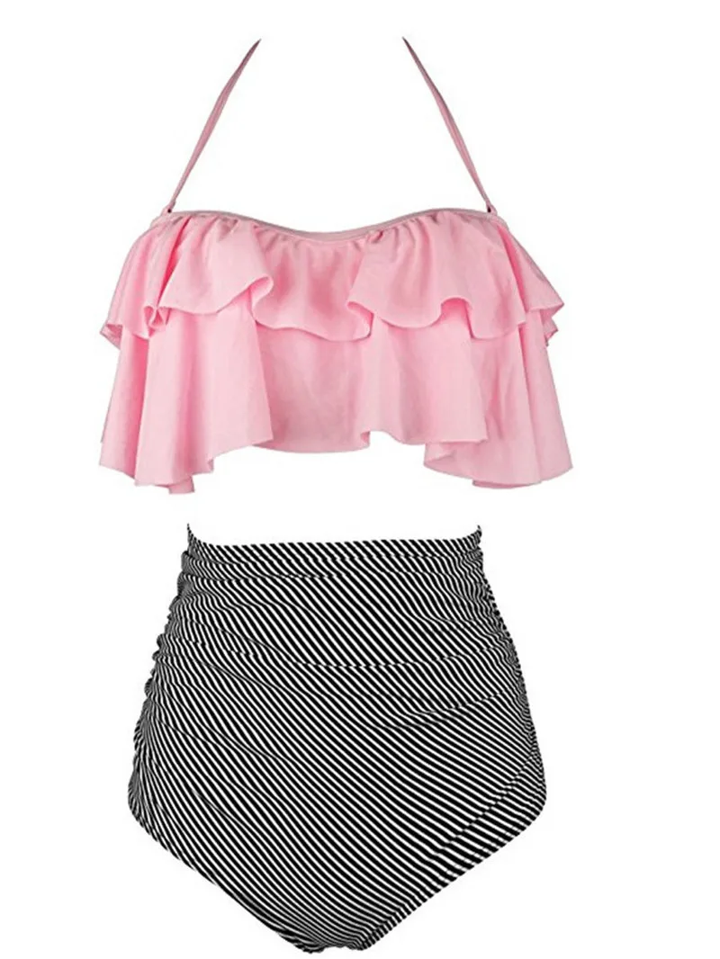 Женский купальный костюм из двух предметов с оборками бюстгальтер лямкой на шее +