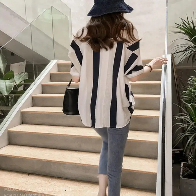

Women Girls Loose V-Neck Stripes Short Sleeve Blouse Spring Summer Female Lady Casual Office Soft Tops Work Shirts Large Size