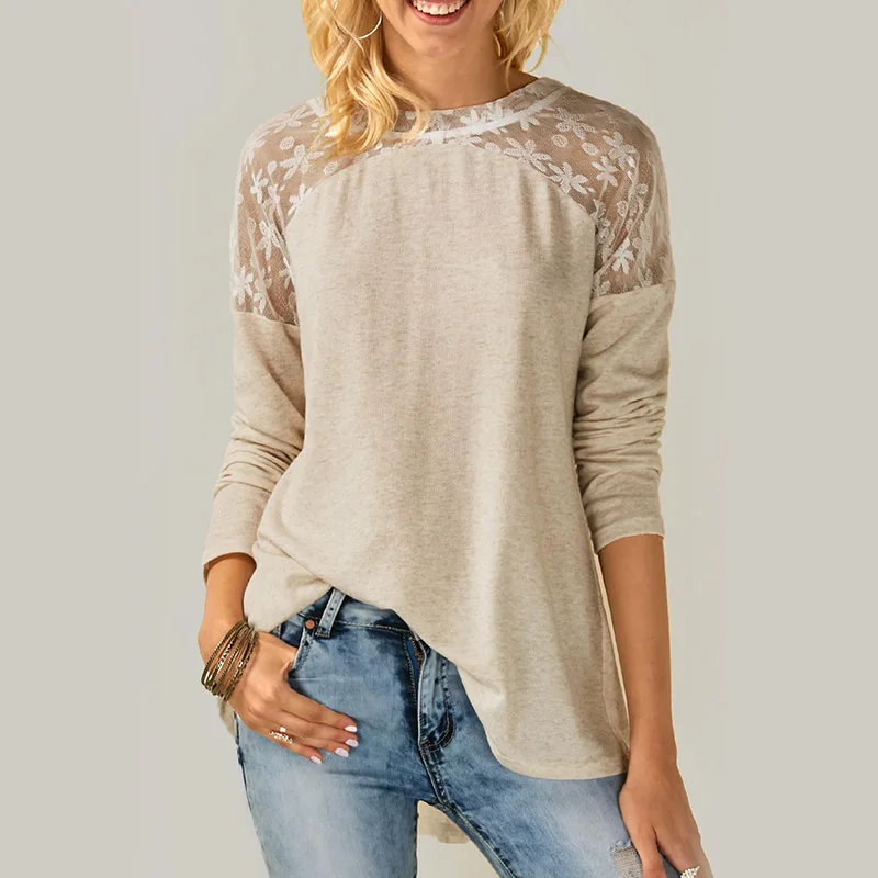 Осенняя Женская одежда с длинными рукавами и кружевным бантом круглым вырезом на