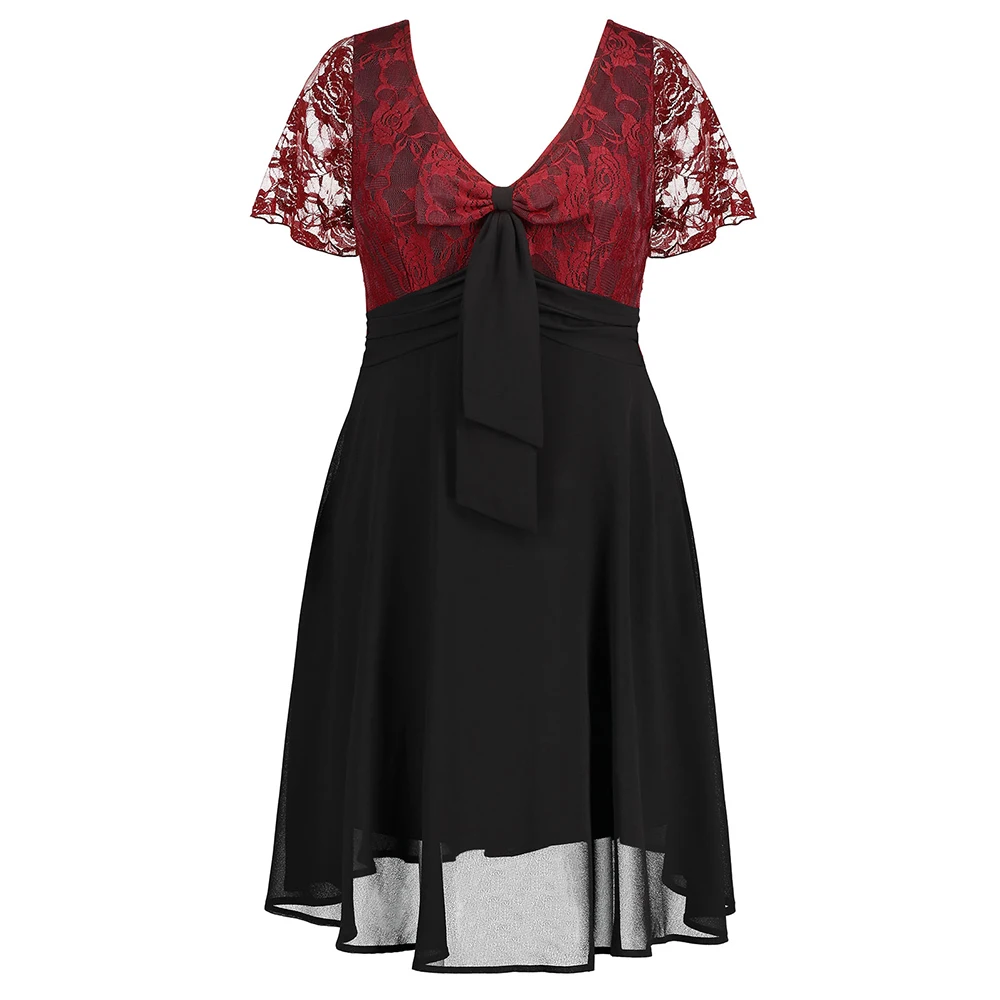 Rosegal Plus Size Dress Bowknot Embellished V Neck Lace Trim Two Tone A-Line Dresses Vintage Party 2018 Vestidos De Fiesta | Женская