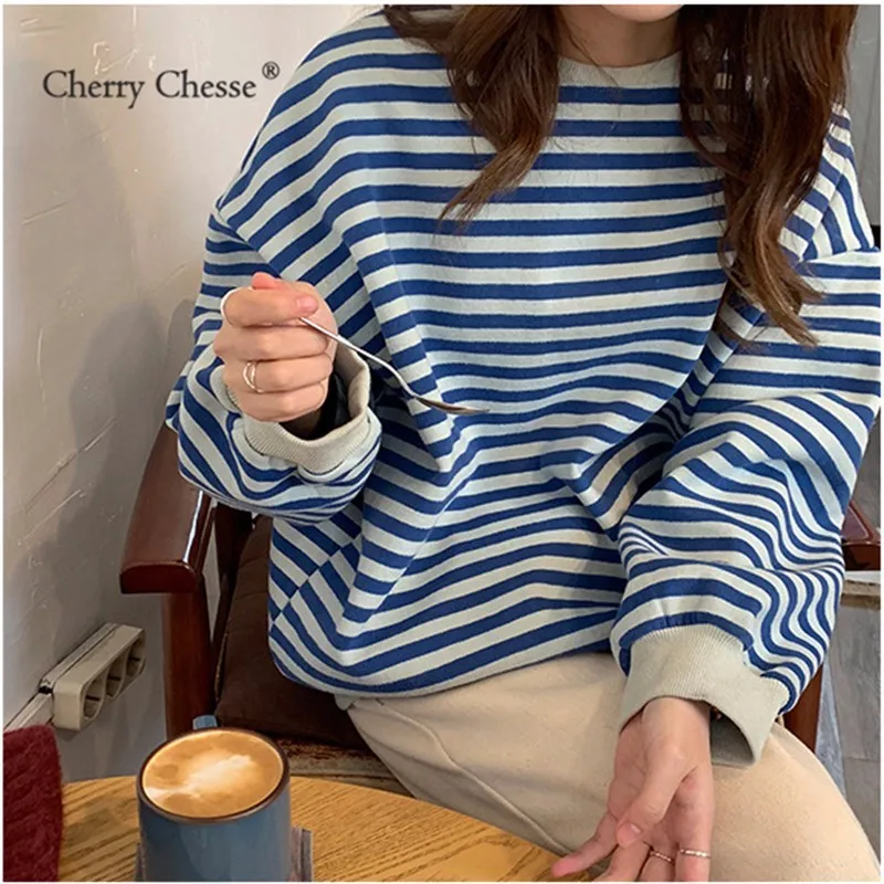 Cherry Chesse элегантный дизайн полосатый для женщин Толстовка флисовые толстовки