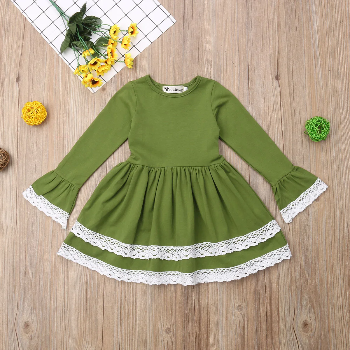 Green Christmas Kid Baby Dress For Girls Bell Sleeve Lace Tutu Party Wedding Pageant Princess Dresses Tunic | Детская одежда и
