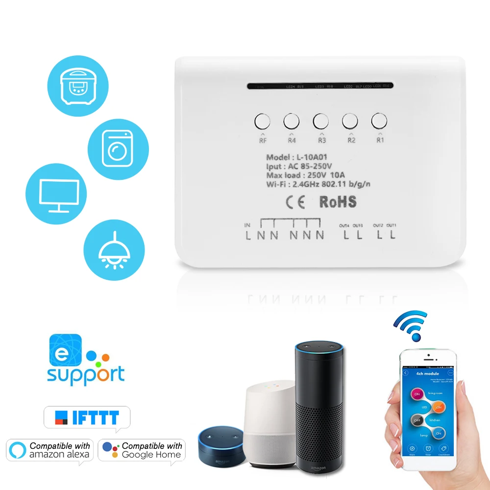 EWelink 4CH WIFI переключатель Модуль RF 433 МГц 4 банды беспроводной умный для Amazon Alexa Google