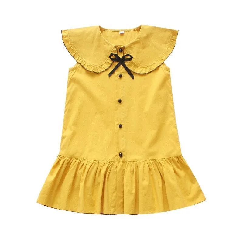 Yellow Ruffles Summer Dresses For Teenage Girls Cotton Sleeveless Peter Pan Collar toddler Dress Kids Sundress Children Clothing | Детская