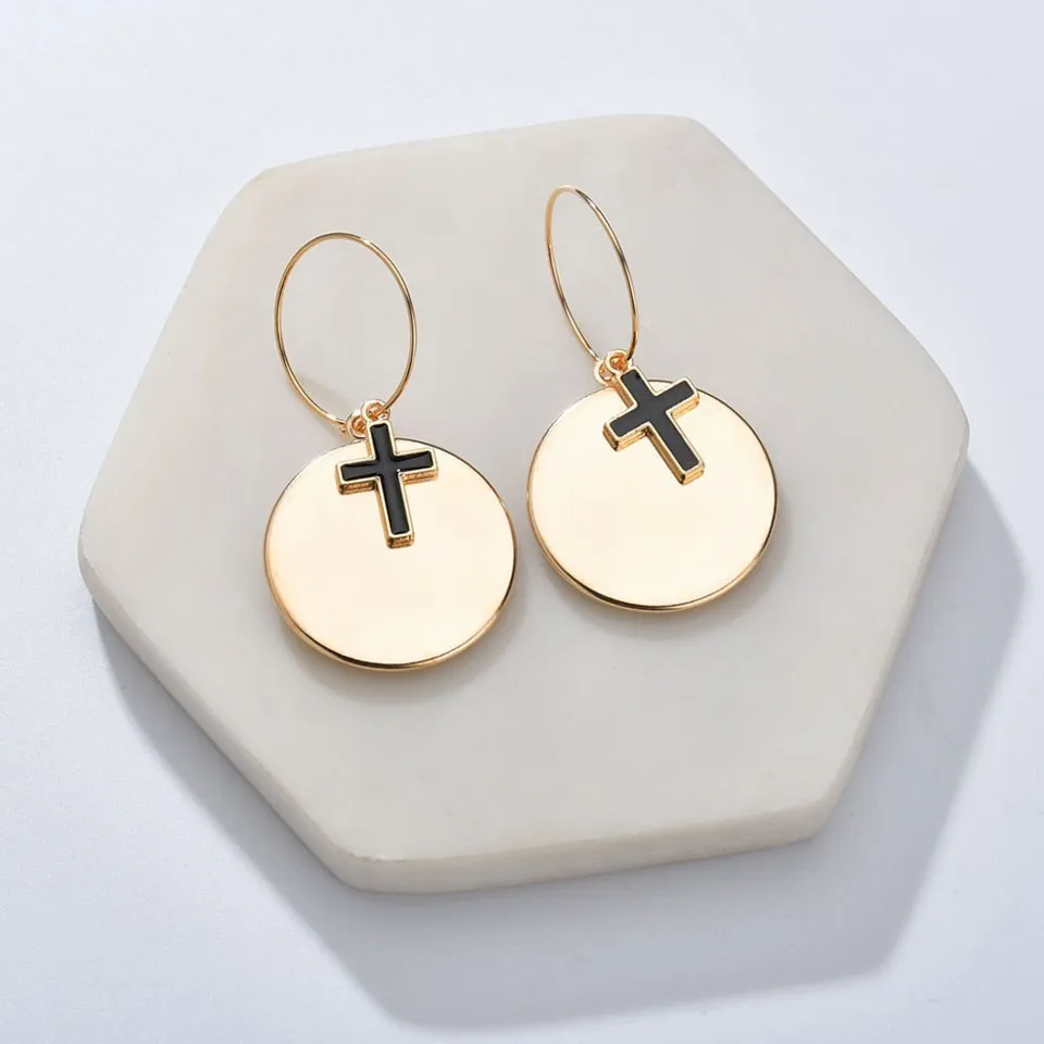Women Fashion Drop Earrings Round Plat With Cross Wedding Party Trendy Jewelry Female Cute And Romantic Handmade Ear Cuff | Украшения и