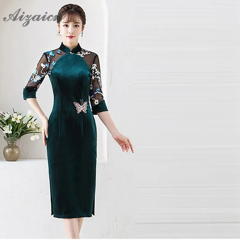 Женское бархатное платье Cheongsam темно-зеленое длинное с вышивкой традиционная