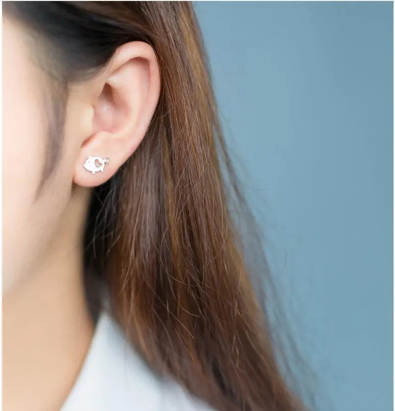 925 Sterling Silver Jewelry Fashion Cute Tiny 1.2cmX0.75cm Hollow Heart Pig Stud Earrings Gift For Girls Kids Lady | Украшения и