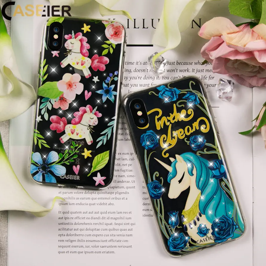 CASEIER милый телефон с единорогом чехол для iPhone X XS Чехлы мягкий со стразами 7 8 Plus Funda