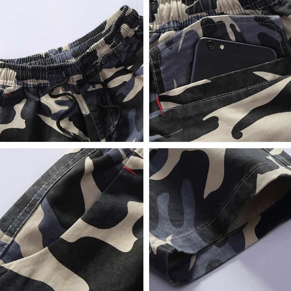 Мужские повседневные пляжные шорты черные камуфляжные из хлопка и твила с поясом