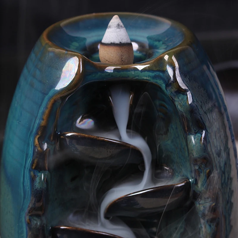 

Color Glaze Gaoshanliushui Incense Burner Buddha Backflow Incense Burner Glass Cover Indoor +50pcs Incense Cone S