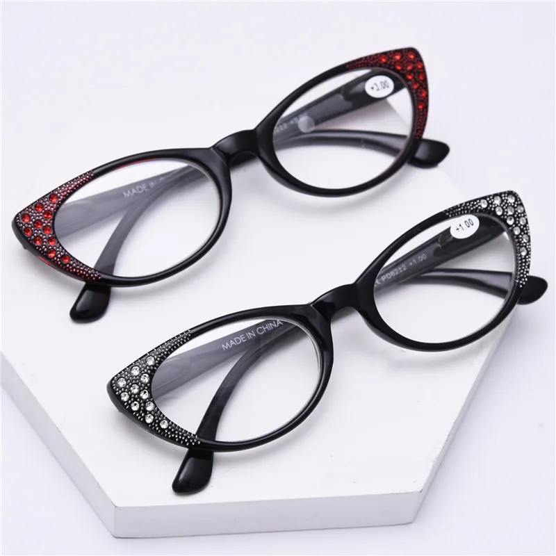 

KUNUJY Elegant Reading Glasses Cat eye Diamond Presbyopic Glasses Fashion Ultra Light Hyperopia Spectacles Eyewears Portable