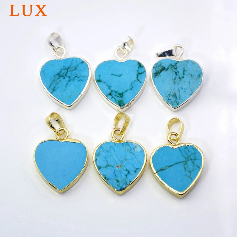 

New Style natural blue howlite pendants Gold Silvers Edged Heart Shaped Pendant Turquoises Slab Charms Beads Jewelry