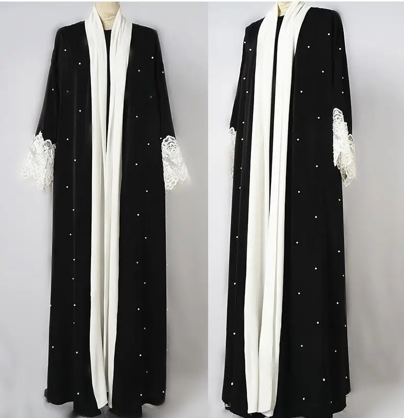 Women Abaya Open Cardigan Lace Cuff Hand Beading Long Dress Muslim Maxi Robe Elegant Party Islamic Clothing Kimono Turkey Tunic |