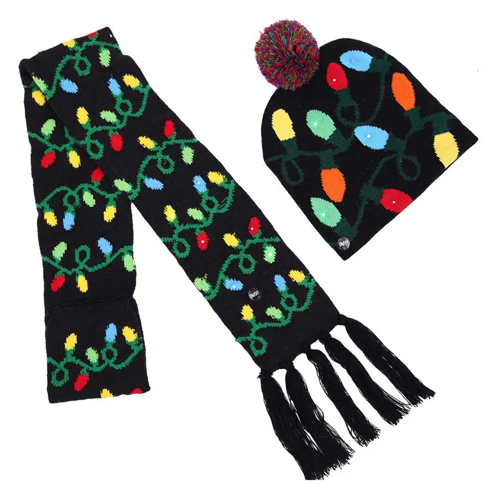 mrwonder Winter Women Men Hat and Scarf Set Christmas Halloween LED Lights Knitted Wear Clothes Accessory |
