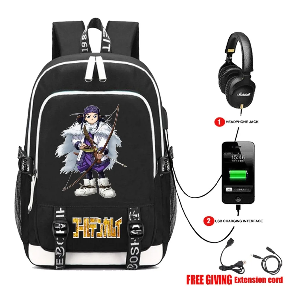 Аниме Золотой Kamuy рюкзак USB зарядка Разъем для наушников унисекс дорожная сумка