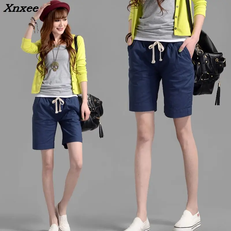 Summer women shorts fashion casual linen shorts elastic waist shorts with pockets Xnxee