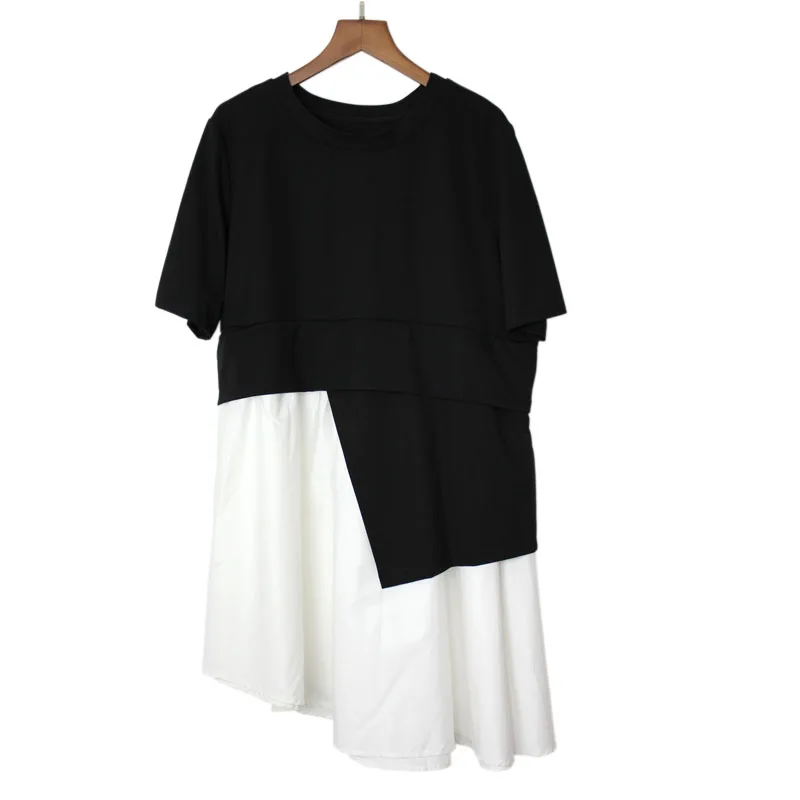 

Long Women Fashion New 2019 Summer O-neck Short Sleeve Loose Tee Female Ruffles Patchwork Casual T-shirt