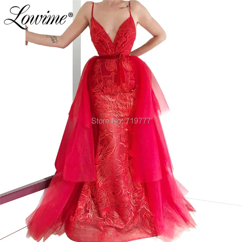 Red Two Pieces Prom Dresses With Detachable Train 2019 Turkish Islamic Wedding Party Dress Formal Evening Gowns Vestido De Festa