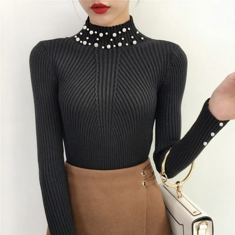 

2020 Korean Knitted Sweater Women Clothing Turtleneck Long Sleeve Knitwear Slim Pullover Basic Jumper Solid Pearl Tops Okd711
