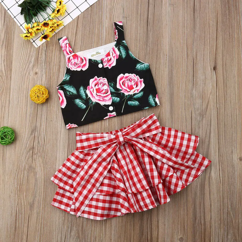 Одежда для маленьких девочек Pudcoco топ без рукавов с цветочным принтом клетчатое