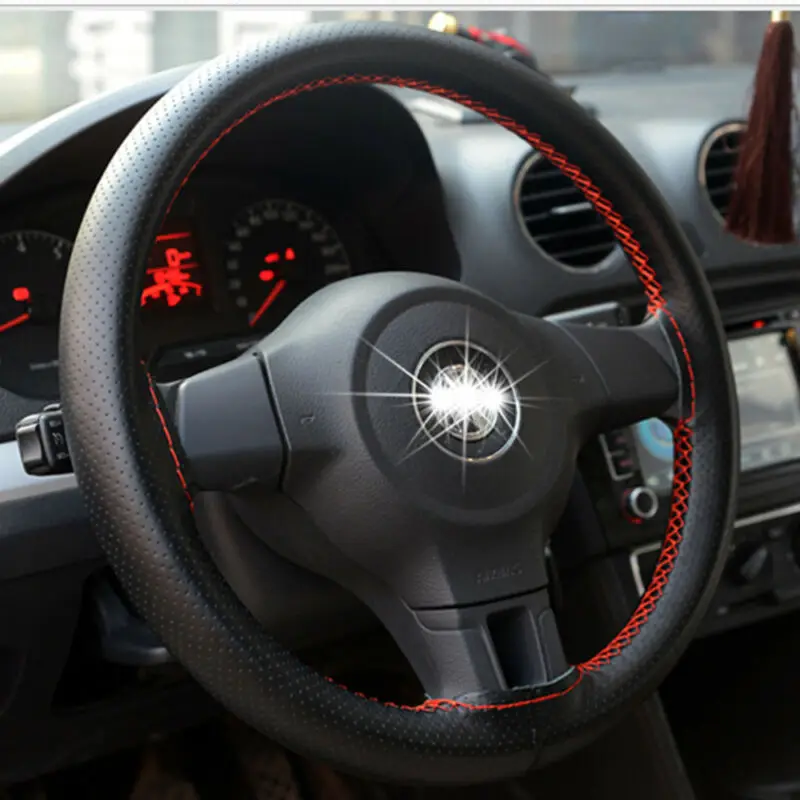 

GLCC Leather Car Steering Wheel Cover Soft Anti-Slip DIY Needles Thread Fit For 38cm Diameter Auto Interior Accessories