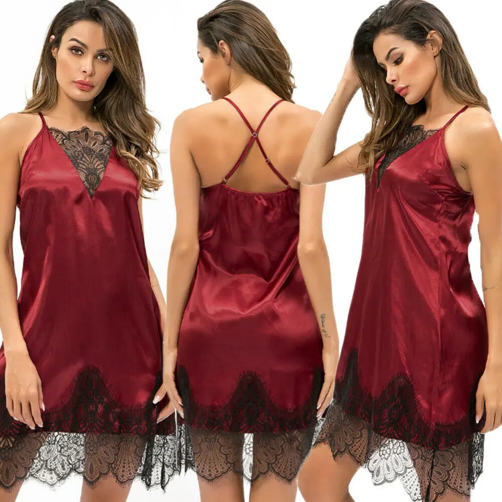 Сексуальные женские дамские пижамы ночная рубашка кружевное атласное шелковое