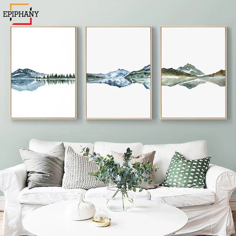 Скандинавский акварельный плакат и принты горный озеро пейзаж абстрактный