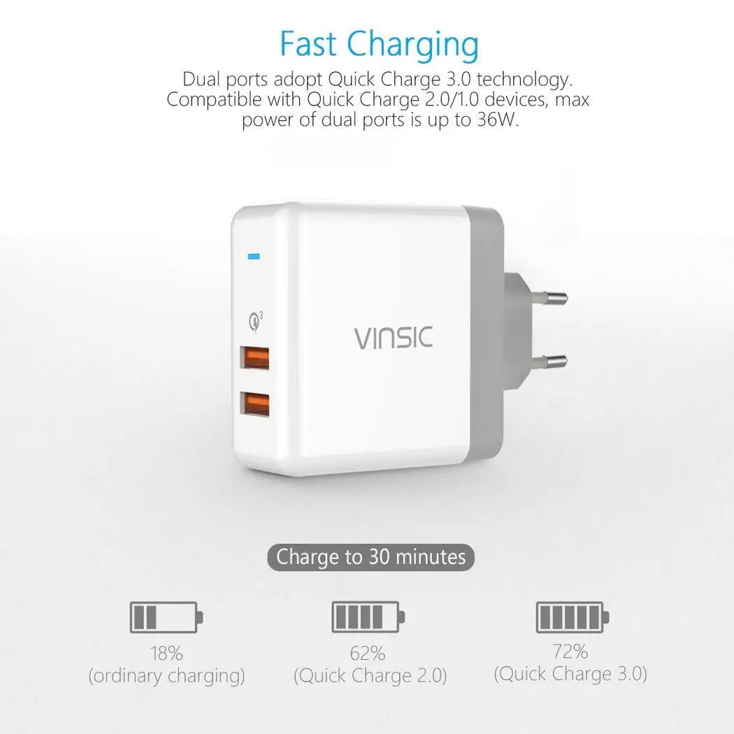 36 Вт двойное зарядное устройство 3 0 VSCW215W Белый USB 2 x Быстрая зарядка в любом месте
