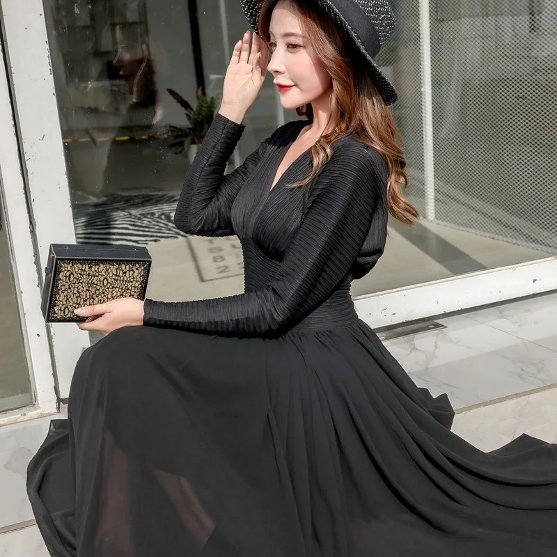 GALCAUR Casual Solid Women Dress V Neck Long Sleeve High Wasit Slim Ankle Length Pleated Dresses Female Fashion 2019 Spring New | Женская
