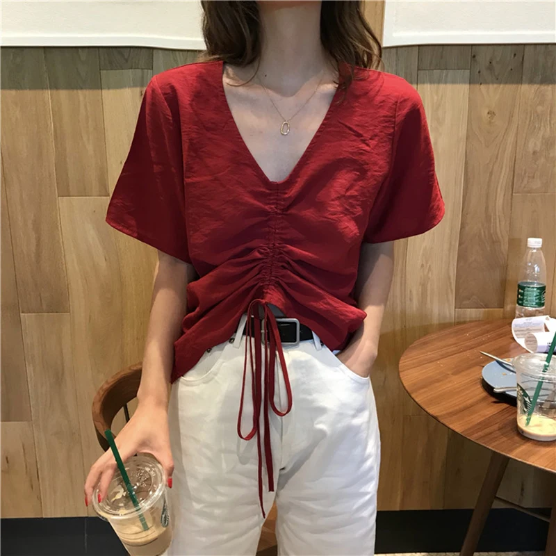 Lychee Girls Prairie Chi однотонная укороченная блузка с v-образным вырезом и завязками