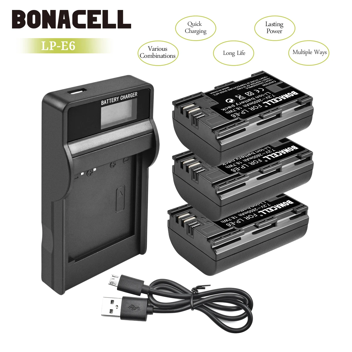 Bonacell 2600 мАч LP E6 батарея для цифровой камеры + ЖК зарядное устройство Canon EOS 5D Mark II 2