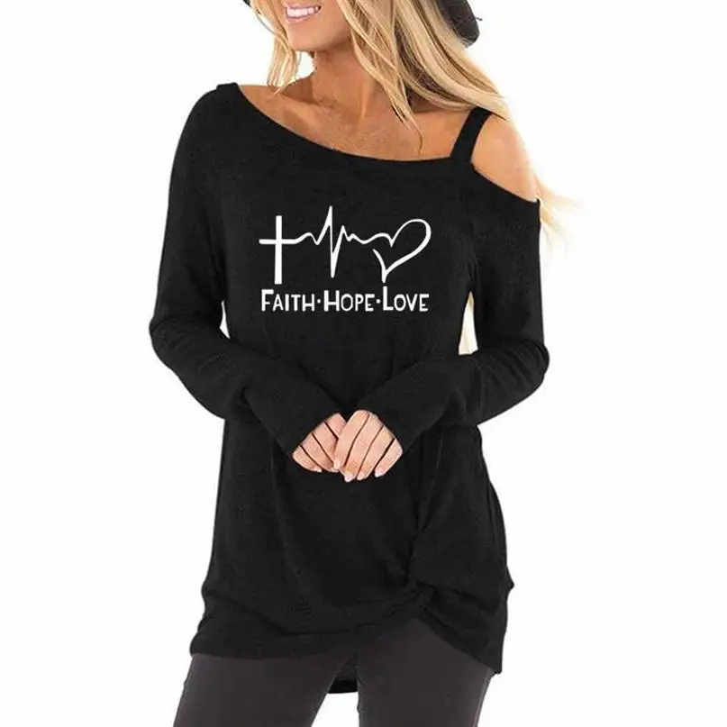 

New Fashion Long Sleeve Oblique Shoulder T-Shirt Faith Letters Print T-Shirt For Women Harajuku Women Tops Summer Graphic Tees