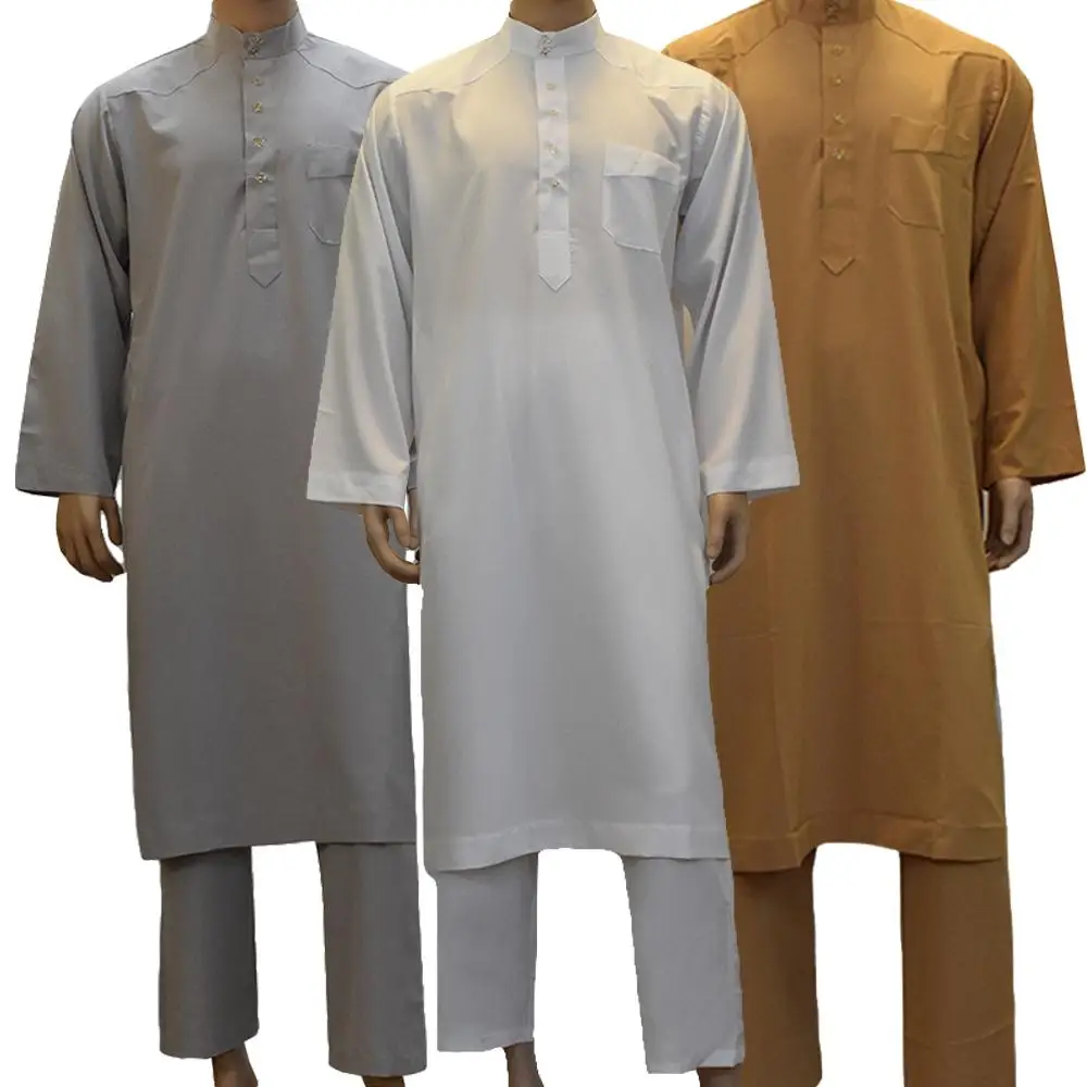 

Muslim Arabic Men Jubba Thobe Thoub Robe Pants 2pcs Clothes Suit Abaya Saudi Arabia Eid Turkey Kurtas Islam Muslim Dress Ramadan
