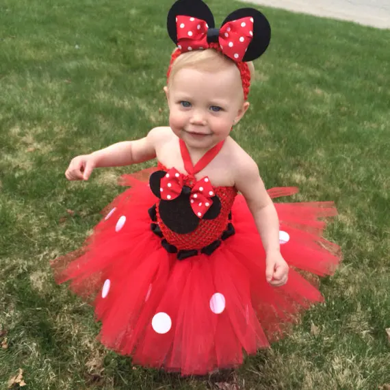 Girls Red Mickey Minnie Tutu Dress Baby Crochet Tulle Tutus Cartoon with Dots Bow and Headband Kids Party Cosplay Dresses | Детская