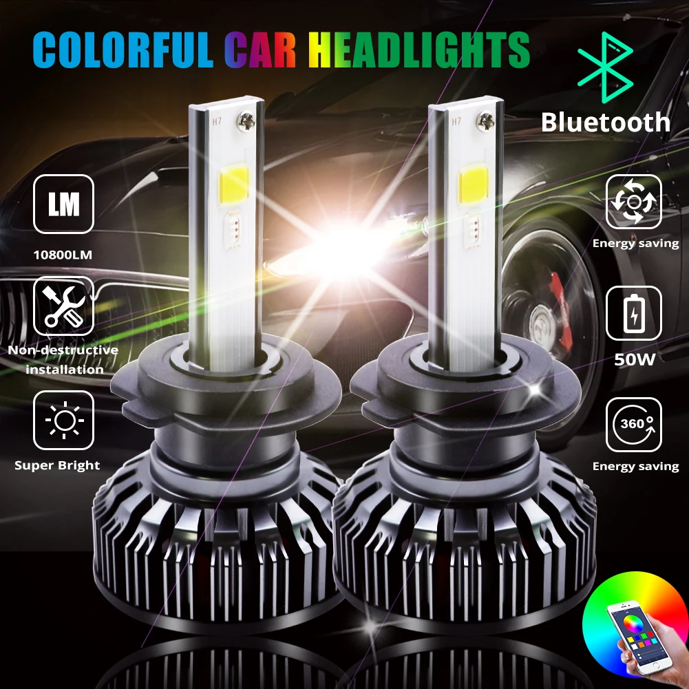 H7 светодиодный фары для автомобиля RGB COB налобный фонарь H1 H3 H4 H11 H13 880 9005 9006 9012 Bluetooth