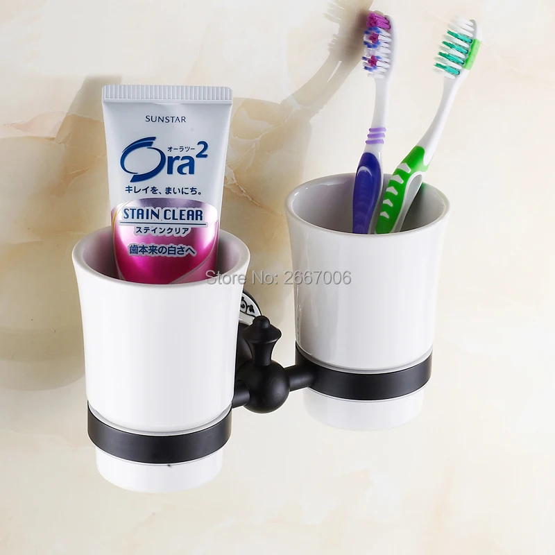 

GIZERO Dark Black Oil Rubbed Bronze Wall Mounted Double Tumbler Holder White Ceramics Toothbrush Cup Bathroom Accessory ZR2653B