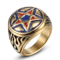 jingyang new fashion stainless steel gold dripping oil red pentagram male ring simple high quality biker jewelry letter
