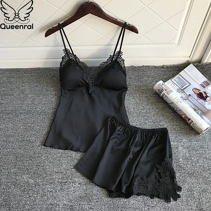 Queenral Women's Sleep Lounge Pajamas Set Silk Summer Sleepwear Sleeveless Nightwear Sexy Lingerie Intimate For Women With Pad | Женская