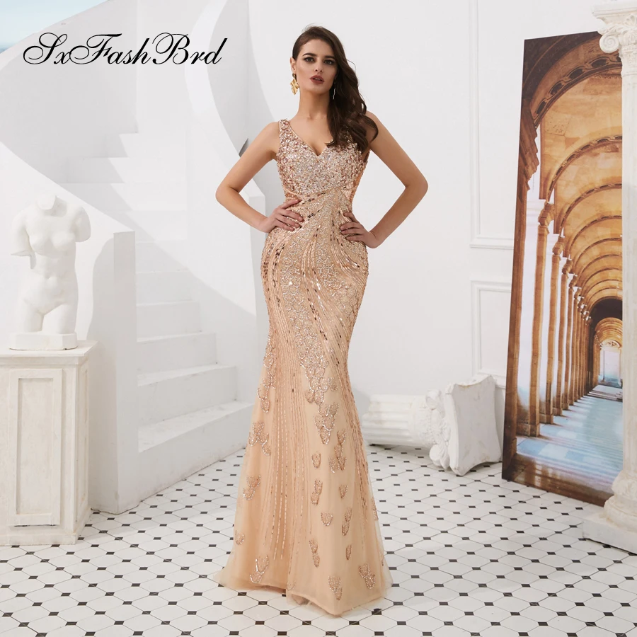 Vestido сексуальное Fiesta Noche v образный вырез бисер Русалка элегантное длинное