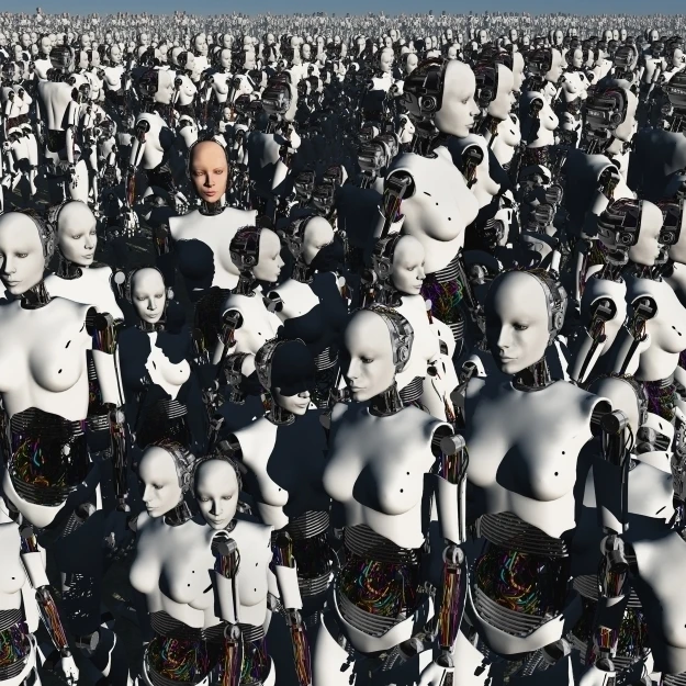 A lone android with a human flesh colored face amongst crowd of robots Poster Print (18 x 11) | Дом и сад