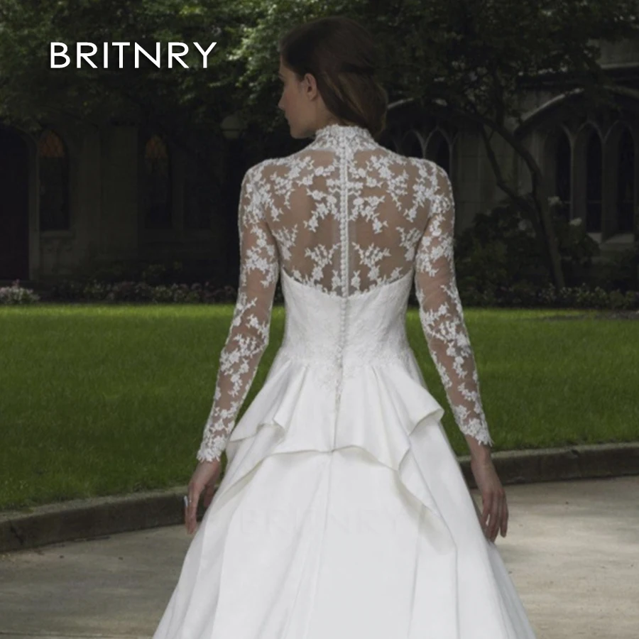 

BRITNRY 2020 V Neck Stain Princess Bridal Gown Long Sleeve Appliques Lace Ball Gown Wedding Dress Vestido de Noiva