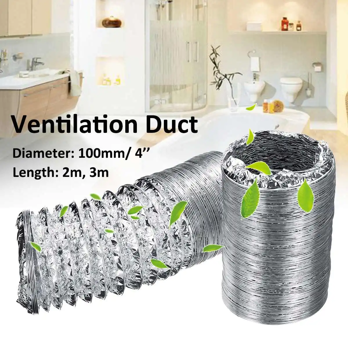 4inch Ventilator Pipe 100mm PVC Aluminum Tube Air Ventilation Pipe Hose Flexible Exhaust Duct 3/2M Air System Vent Bathroom