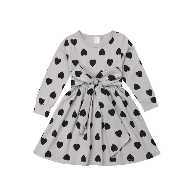 Pretty Kids Girls Heart-Shaped Print Dress Long Sleeve High Waist Bowknot Belt Girl Cotton Pleated Party 1-7Y | Детская одежда и