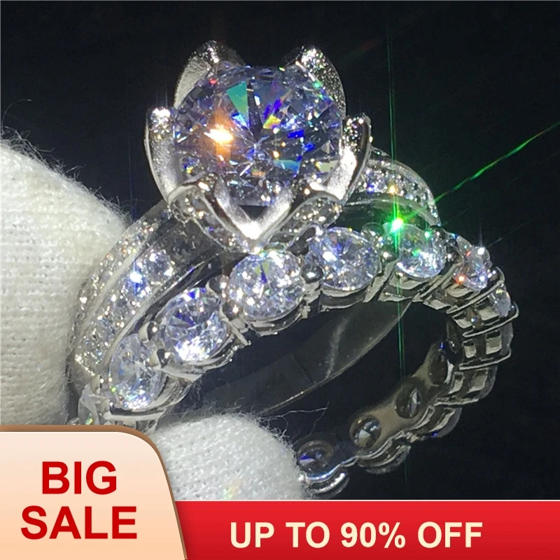 

Набор Колец ручной работы с цветком серебряного цвета с круглым вырезом 3ct AAAAA Cz камни обручальное кольцо для женщин Свадебные украшения