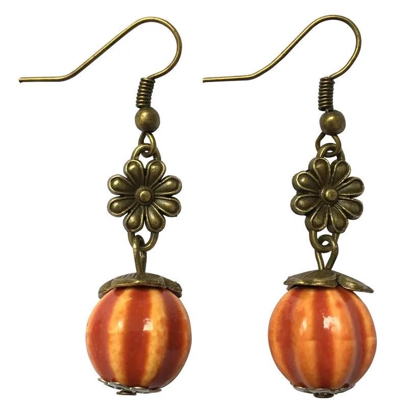 AINILIDAN Ethnic Jewelry Vintage Bronze Flower Ceramics Pumpkin Earrings Handmade Eardrops Dangler Women Accessories | Украшения и