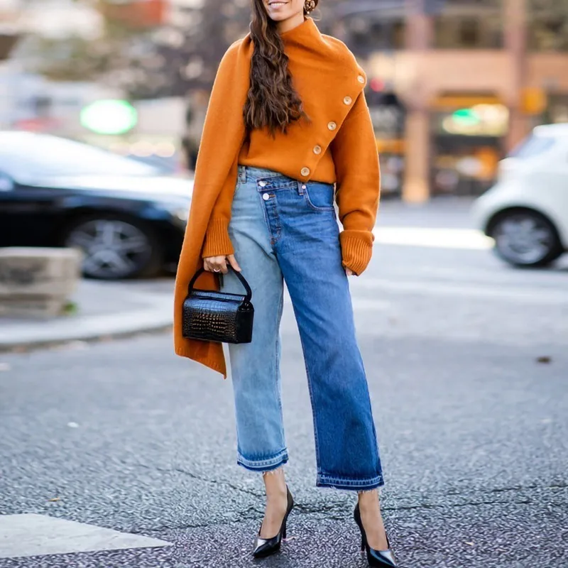 TWOTWINSTYLE Асимметричные джинсовые брюки в стиле пэчворк для женщин высокая талия