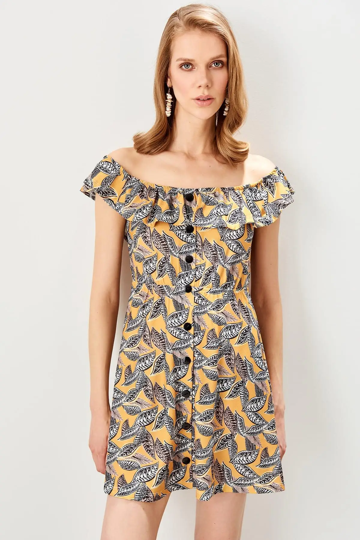 Trendyol желтый Кармен воротник узор трикотажное платье TWOSS19ST0144|Женские платья| |