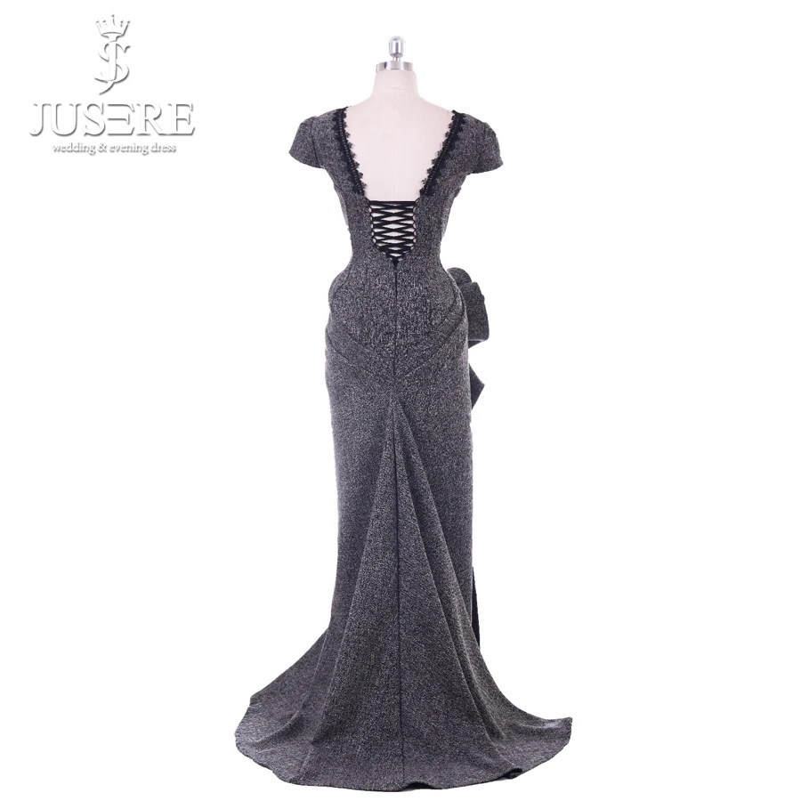 Женское вечернее платье с юбкой годе элегантное серое разрезом V-образным
