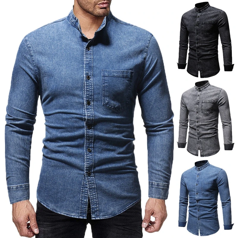 Новая модная мужская умная Повседневная джинсовая рубашка с воротником-стойкой